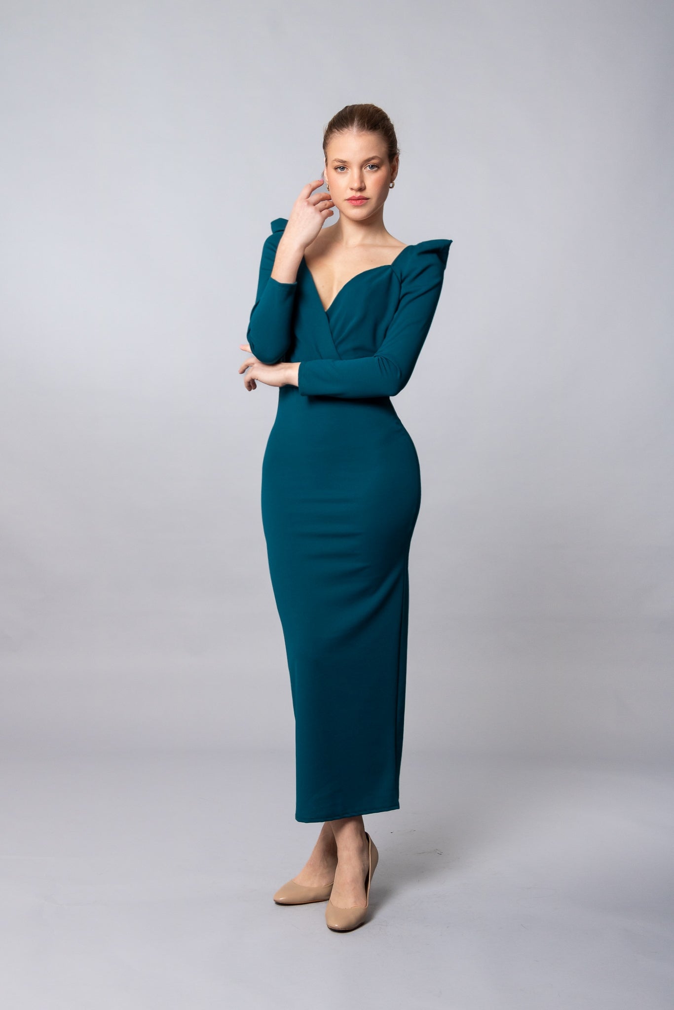 VESTIDO OLIVIA - Vestido Largo Ajustado con Mangas Abullonadas - Glamoryy