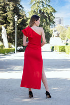 VESTIDO ASIMÉTRICO MANGA VOLANTE ROJO - Glamoryy